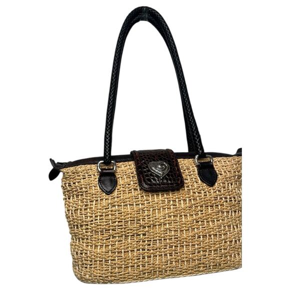 VTG Brighton Purse Brown Leather Straw Woven Double Handle Heart Boho 90s Y2K - Picture 13 of 16